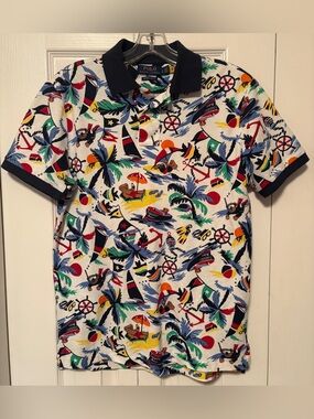 Polo Ralph Lauren All Over Nautical Bear Print Pique Polo Shirt Slim Fit Size S